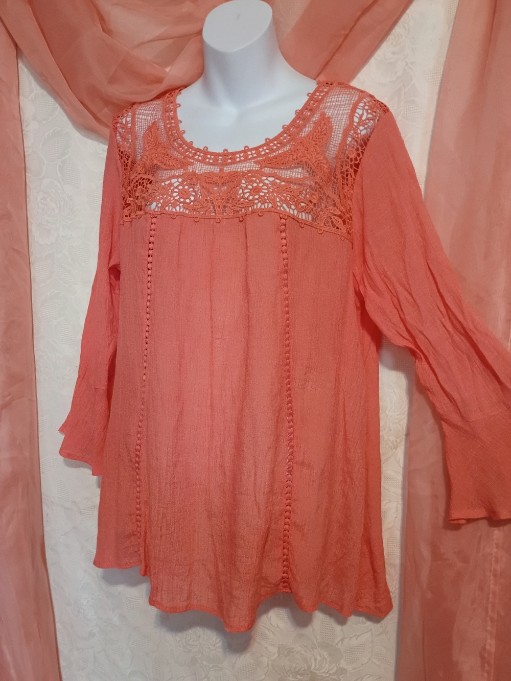 Zac & Rachel Ladies Coral Boho Lace Yoke Boho Blouse Sz Lg - Picture 3 of 9